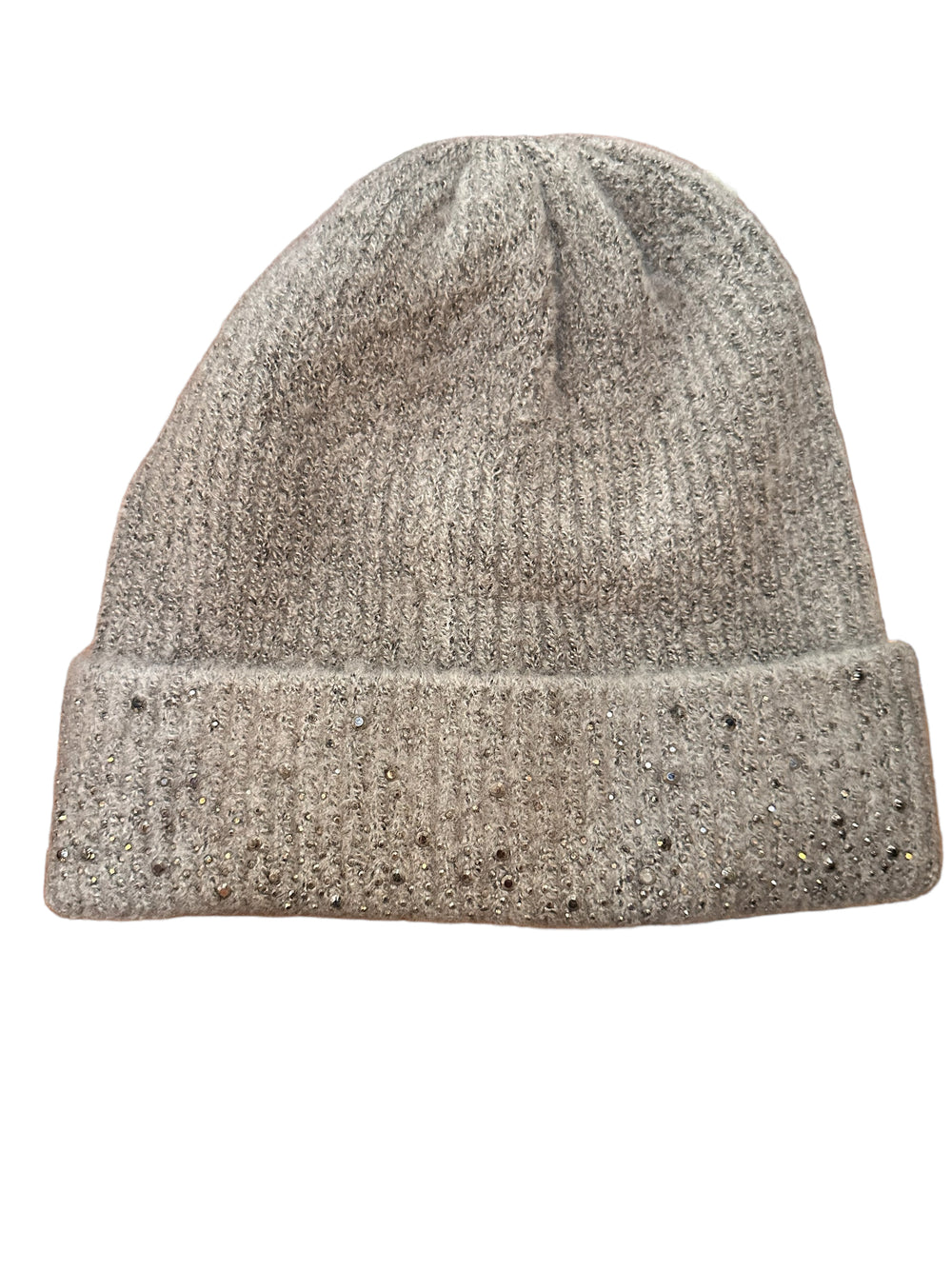 Grey knit hat with folded cuff, embellished with sparkling rhinestones. Available in S, M, and L sizes.