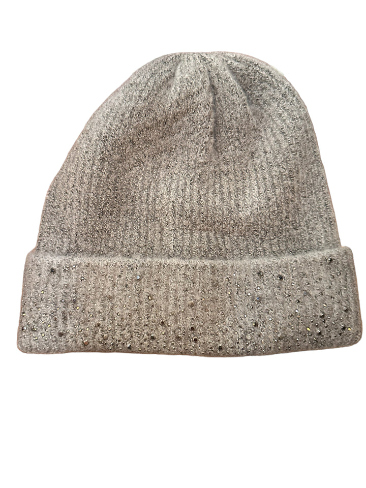 Grey knit hat with folded cuff, embellished with sparkling rhinestones. Available in S, M, and L sizes.