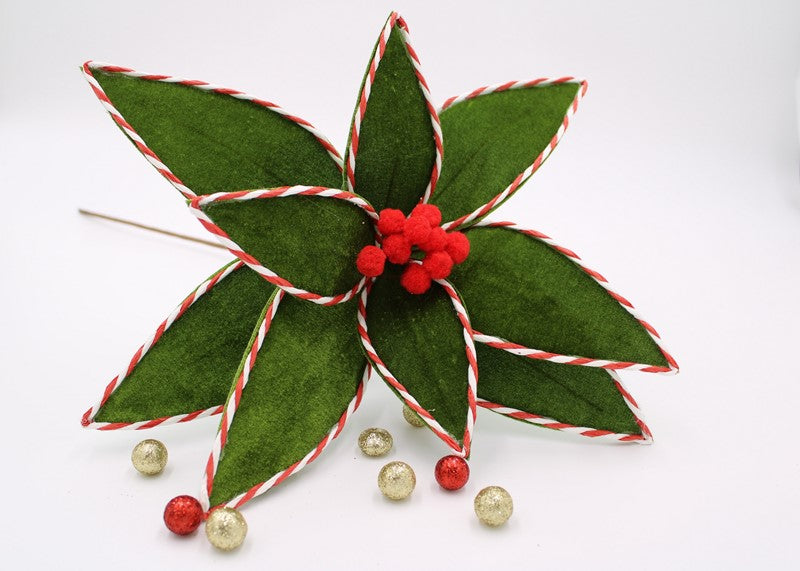 Green velvet poinsettia with red and white striped edges and red berries. Available in multiple sizes.