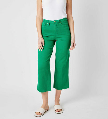Judy Blue High Waist Garment Dyed Crop Wide Jeans in bright green, available in sizes 24-32.