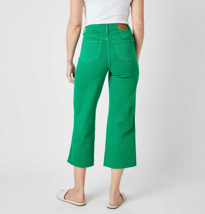 Bright green Judy Blue High Waist Garment Dyed Crop Wide Jeans. Available in sizes 24–32, 14W–24W.