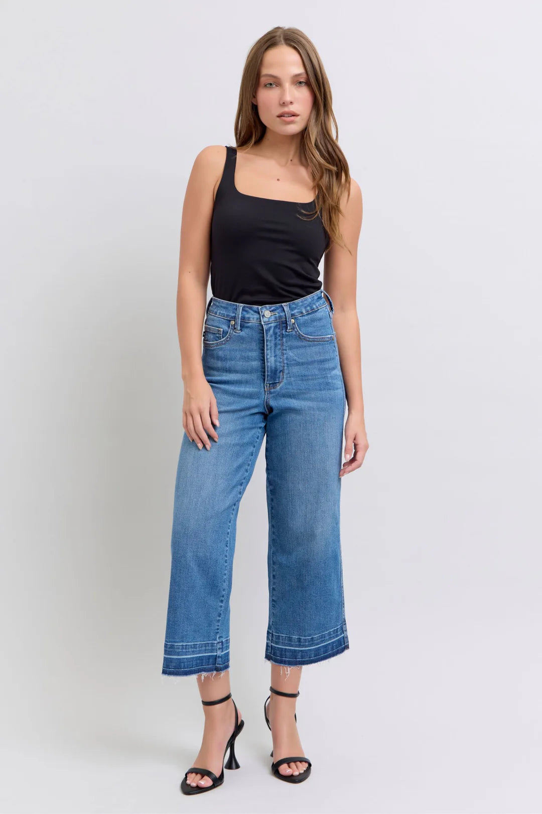 Judy Blue HW Control Release Hem Crop Wide jeans. Available in sizes 0-24.