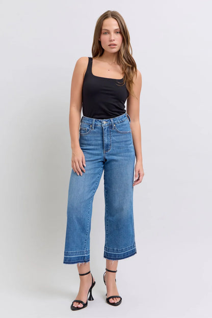 Judy Blue HW Control Release Hem Crop Wide jeans. Available in sizes 0-24.