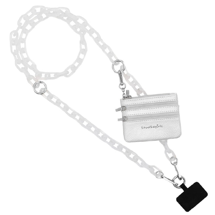 White mini phone crossbody with silver zippers, chain strap, "Smartgirls" tag, two zip compartments, black item clip. Sizes: Mini.