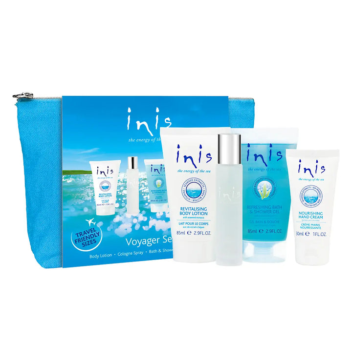 Inis Voyager set: blue/white pouch with seaweed lotion, shower gel, hand cream, and unisex cologne in travel sizes.