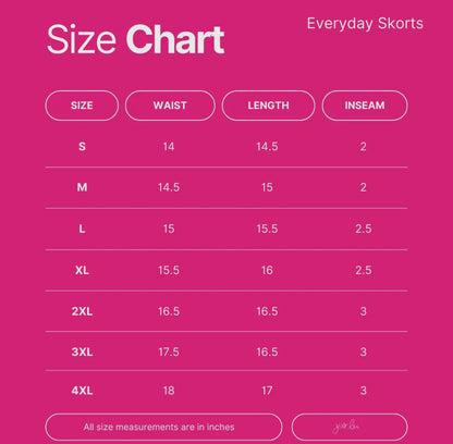 Size chart for Watch Me Bloom Floral Skort, sizes S–4XL with waist, length, inseam (in), and built-in shorts in all sizes.