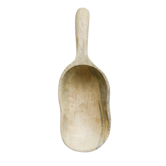 Hand Carved Mango Wood Scoop with rounded handle and deep oval bowl; available in 8" and 10" sizes.