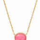 Gold rope chain with bright pink oval gemstone pendant in bezel setting. Available sizes: 16", 18", and 20".