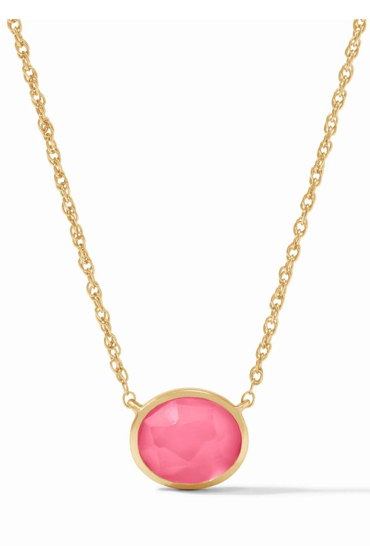 Gold rope chain with bright pink oval gemstone pendant in bezel setting. Available sizes: 16", 18", and 20".