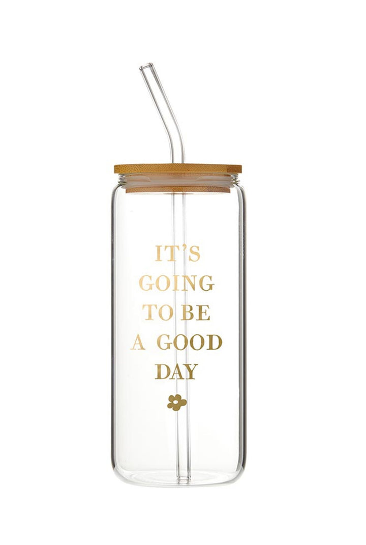 20 oz glass tumbler with bamboo lid, clear straw, gold "IT’S GOING TO BE A GOOD DAY" text, and small gold flower.