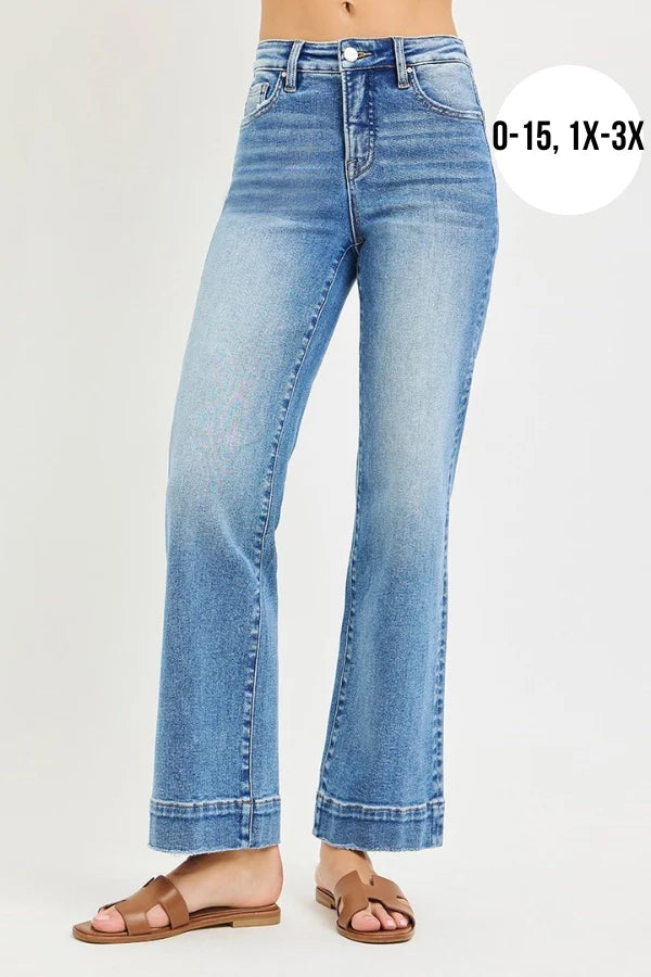 Risen Tummy Control High Rise Straight Jeans with raw-edge hems, sizes 0-15 and 1X-3X.