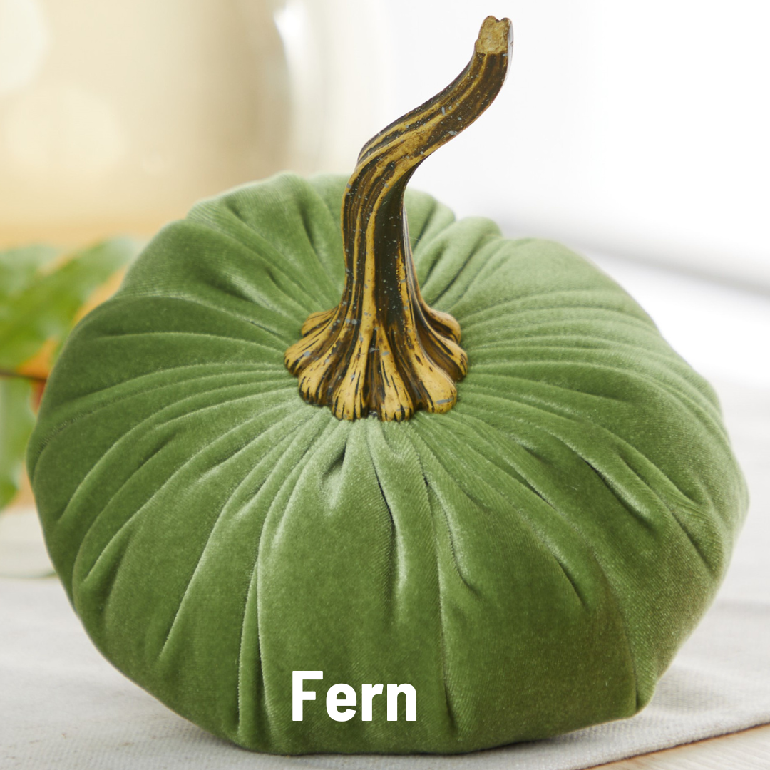 Moss green velvet pumpkin with a realistic stem; available in large size.