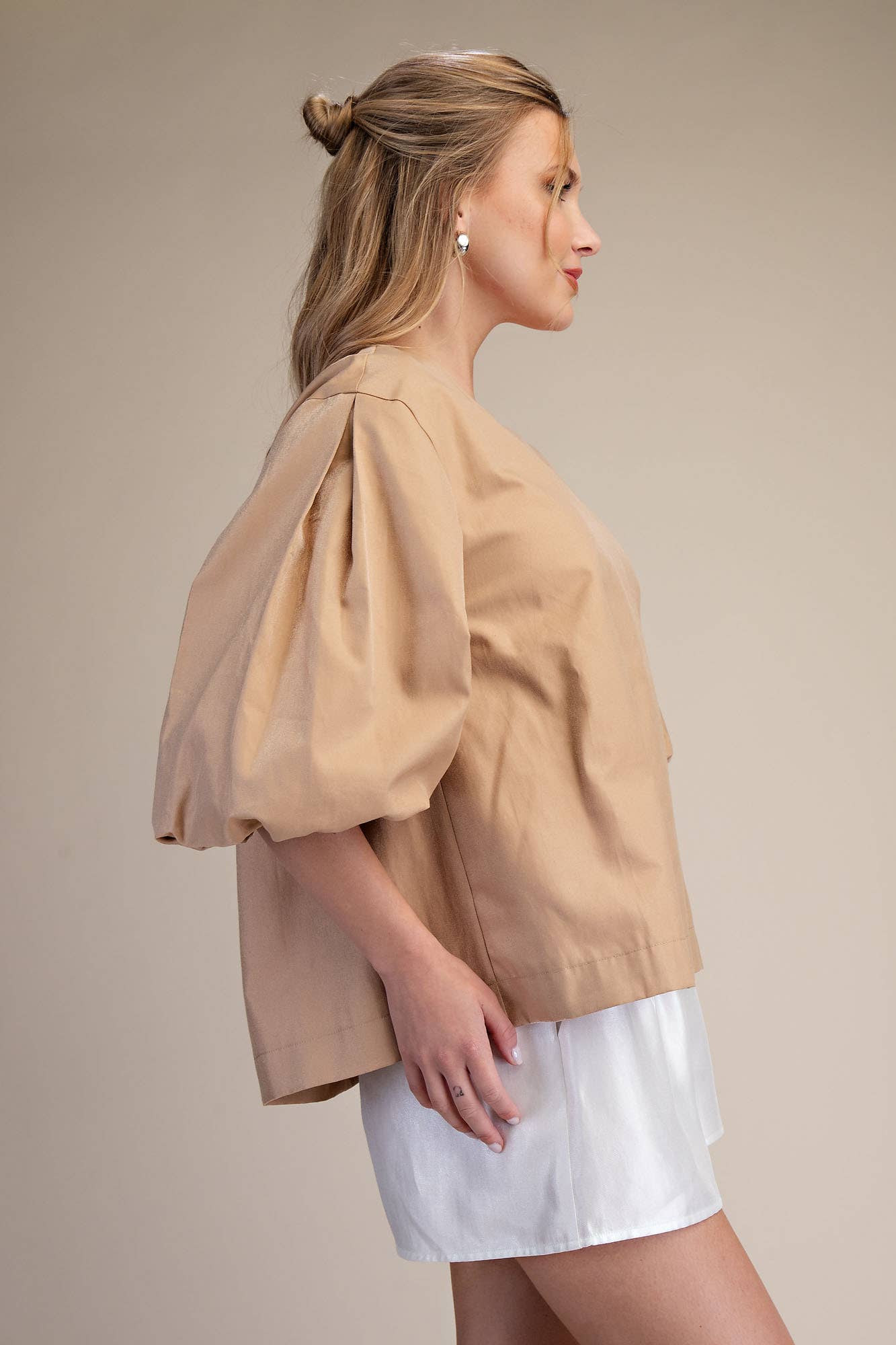 Taupe Round Neck Voluminous Puff Sleeve Top, available in sizes XS-XL.