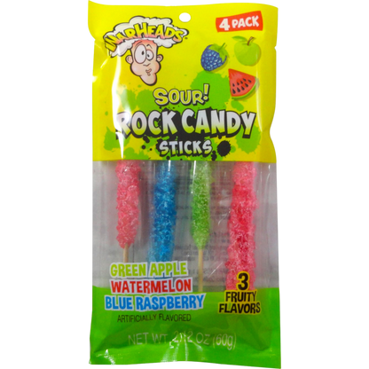 Warheads Sour Rock Candy: vibrant pack with 4 sticks (green, blue, red), flavors include green apple, watermelon, blue raspberry.