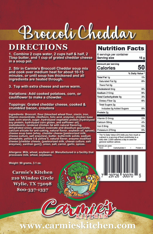 Red and brown Broccoli Cheddar Soup Mix package, soup illustration, prep and nutrition info; 6.8 oz size shown.