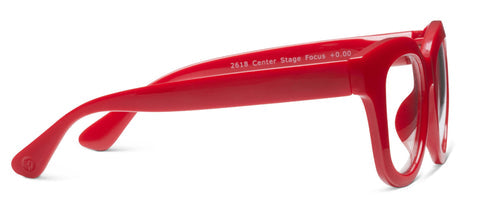 Red plastic eyeglasses with thick frames and arms, blue light lenses. Sizes: small, medium, large.