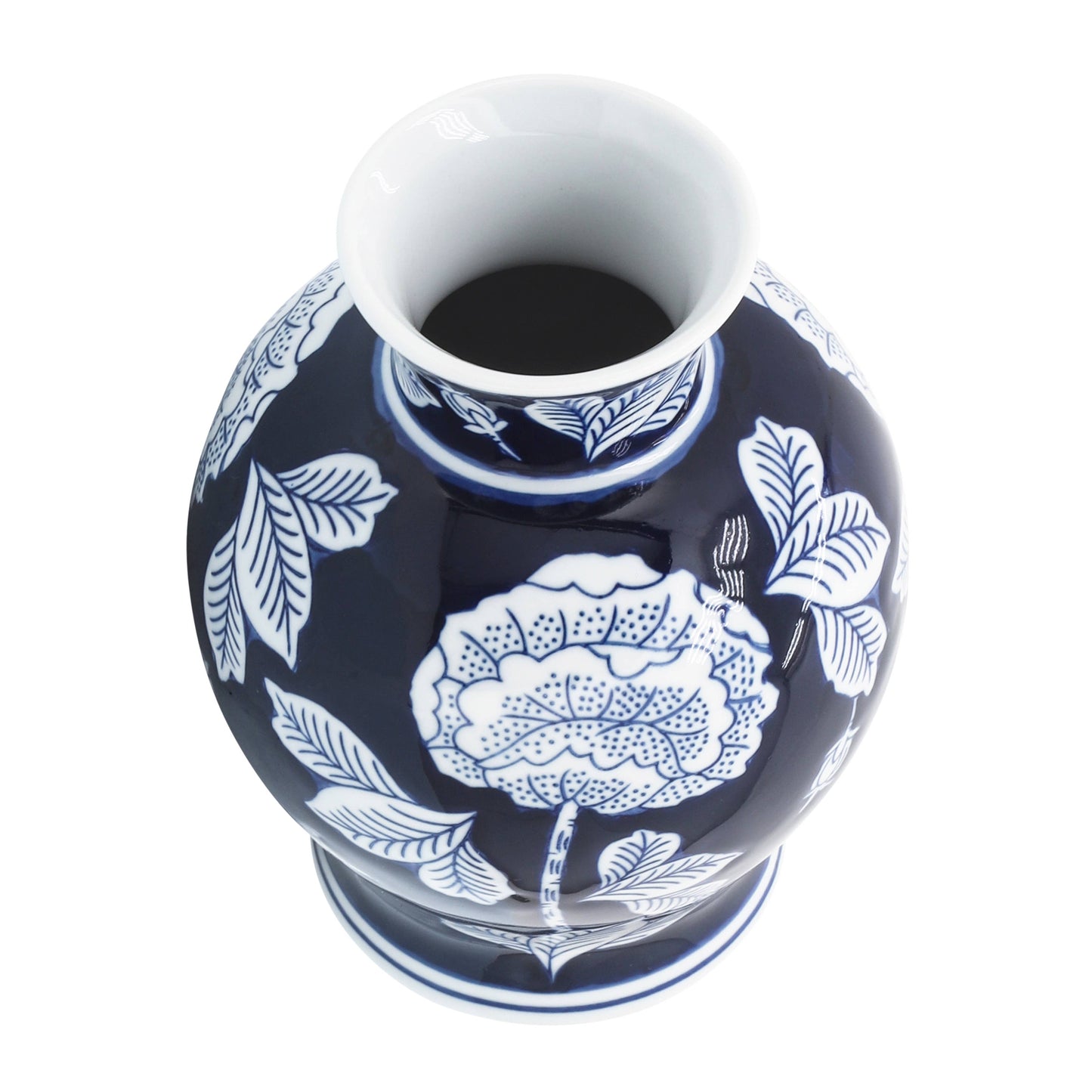 Blue ceramic Chinoiserie vase, 9 in., with large white flowers and leaves on dark blue. Only available in 9 in. size.