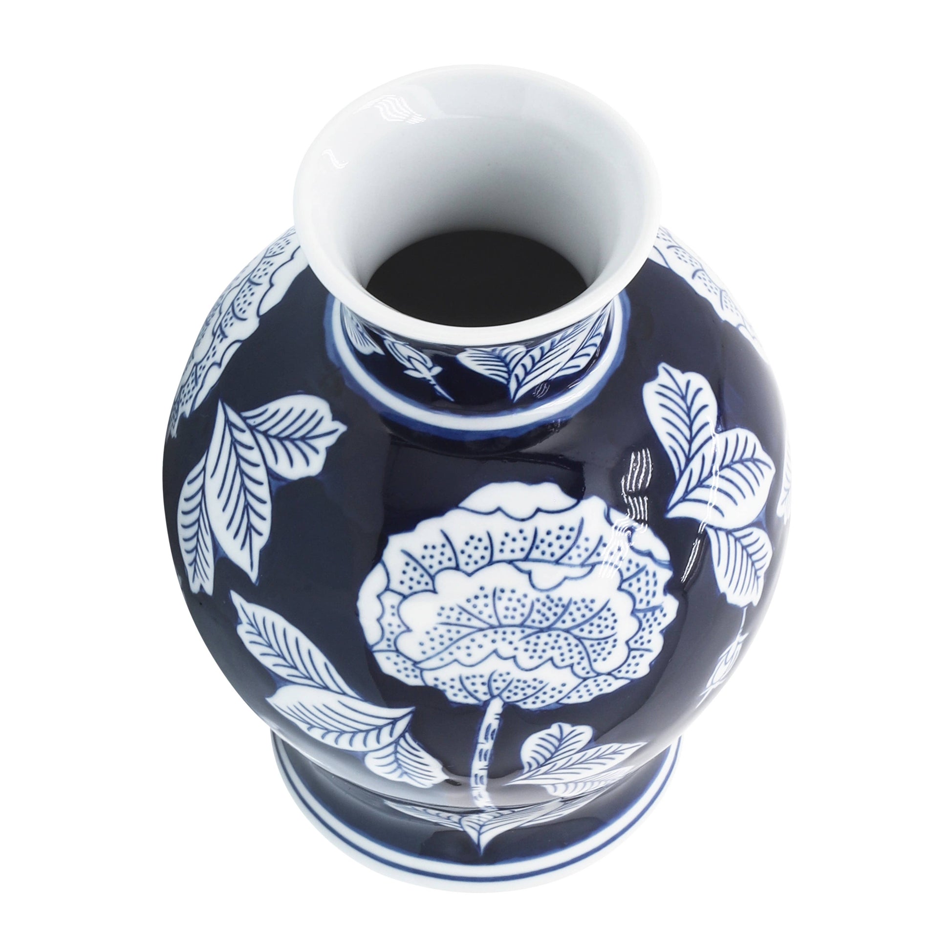 Blue ceramic Chinoiserie vase, 9 in., with large white flowers and leaves on dark blue. Only available in 9 in. size.