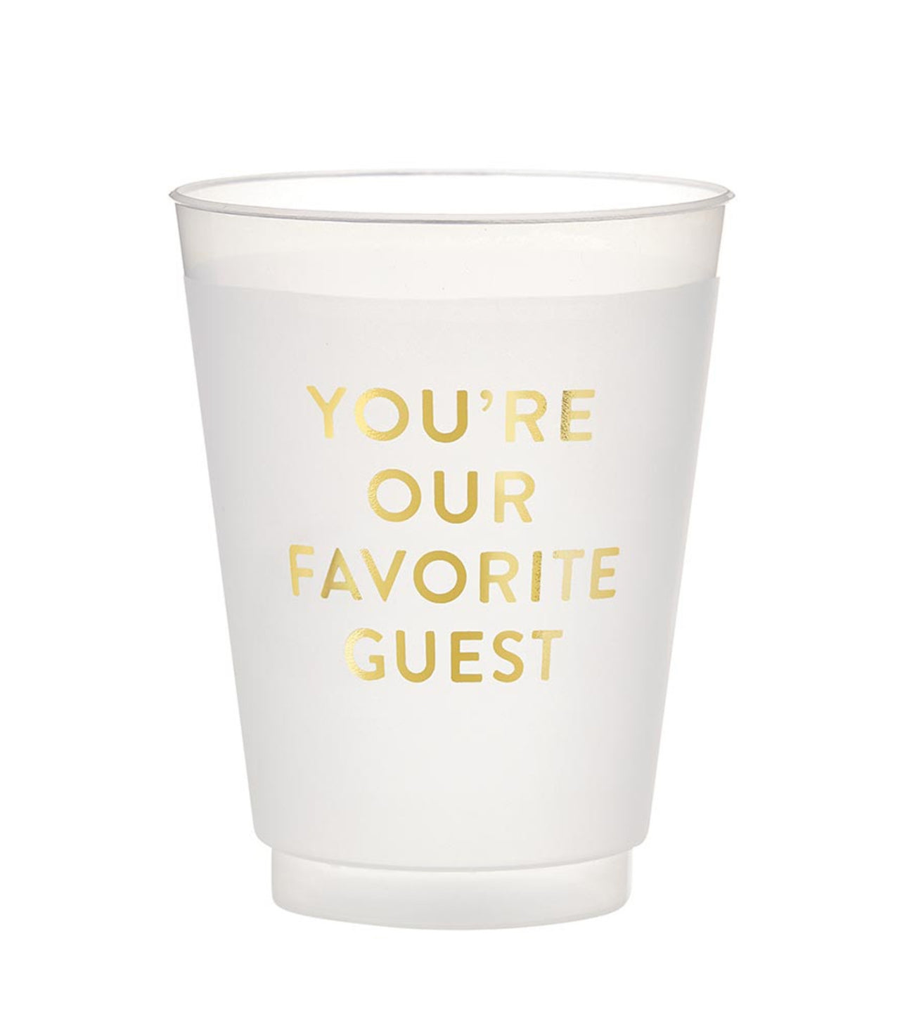 The Frosted Cups feature a reusable design with elegant gold text that reads "YOU'RE OUR FAVORITE GUEST." Available in sizes: 12 oz, 16 oz, and 20 oz.