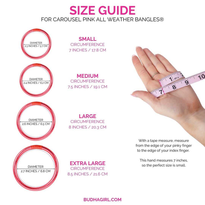 Carousel Pink All Weather Bangles® Set of 4 size guide showing all available sizes with their diameters, circumferences, and wrist tips.