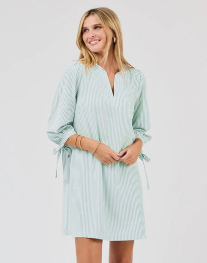 Laney Seafoam Dress: light blue/white stripes, three-quarter sleeves with tied cuffs, straight fit. Sizes XS-XL.