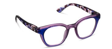 Square, translucent purple frames with purple, pink, and blue patterned arms; anti-reflective lenses. Sizes: available.