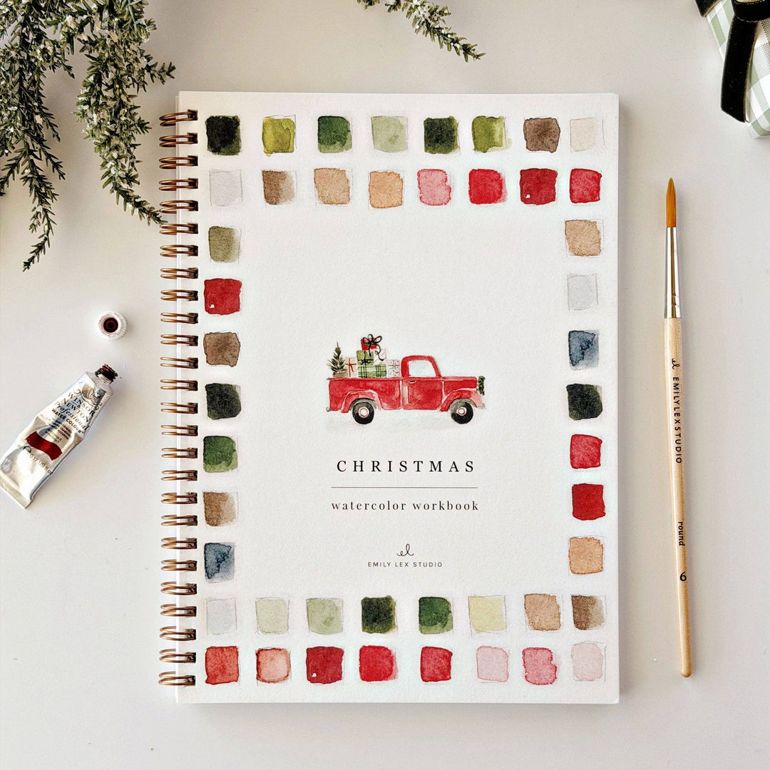 Spiral-bound Classic Christmas watercolor workbook with red truck and gift illustration. Available in multiple sizes.