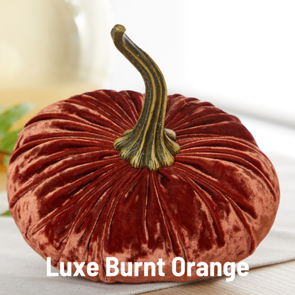 Large fern green velvet pumpkin with long curved stem; available in multiple sizes. “Pumpkin Large Velvet” text at bottom.