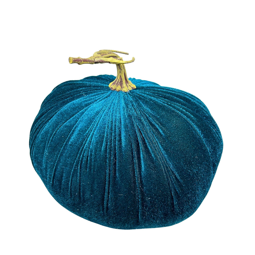5″ teal velvet mini pumpkin with gold claw-shaped stem.