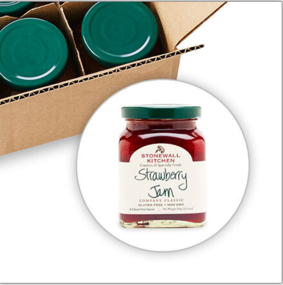 Strawberry Jam in a 12.25oz jar with a white label and red preserves, topped with a green lid.