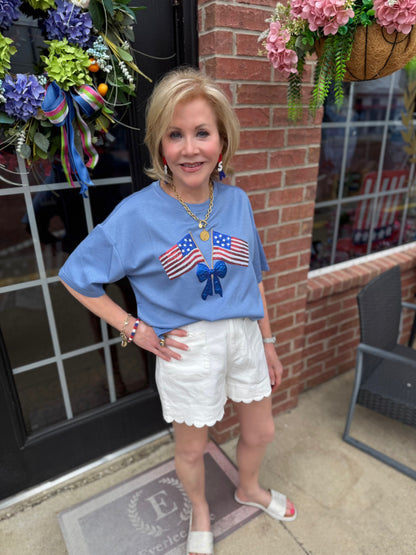 Liberty Bow Flags Luxe Top with American flag bows; available in sizes XS-XL.