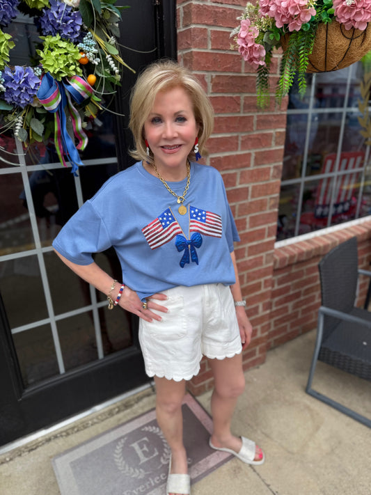 Liberty Bow Flags Luxe Top with American flag bows; available in sizes XS-XL.