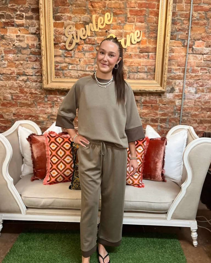 Coco Brown Raglan Sleeve Colorblock Crewneck and matching taupe lounge set. Available in sizes XS-XL.