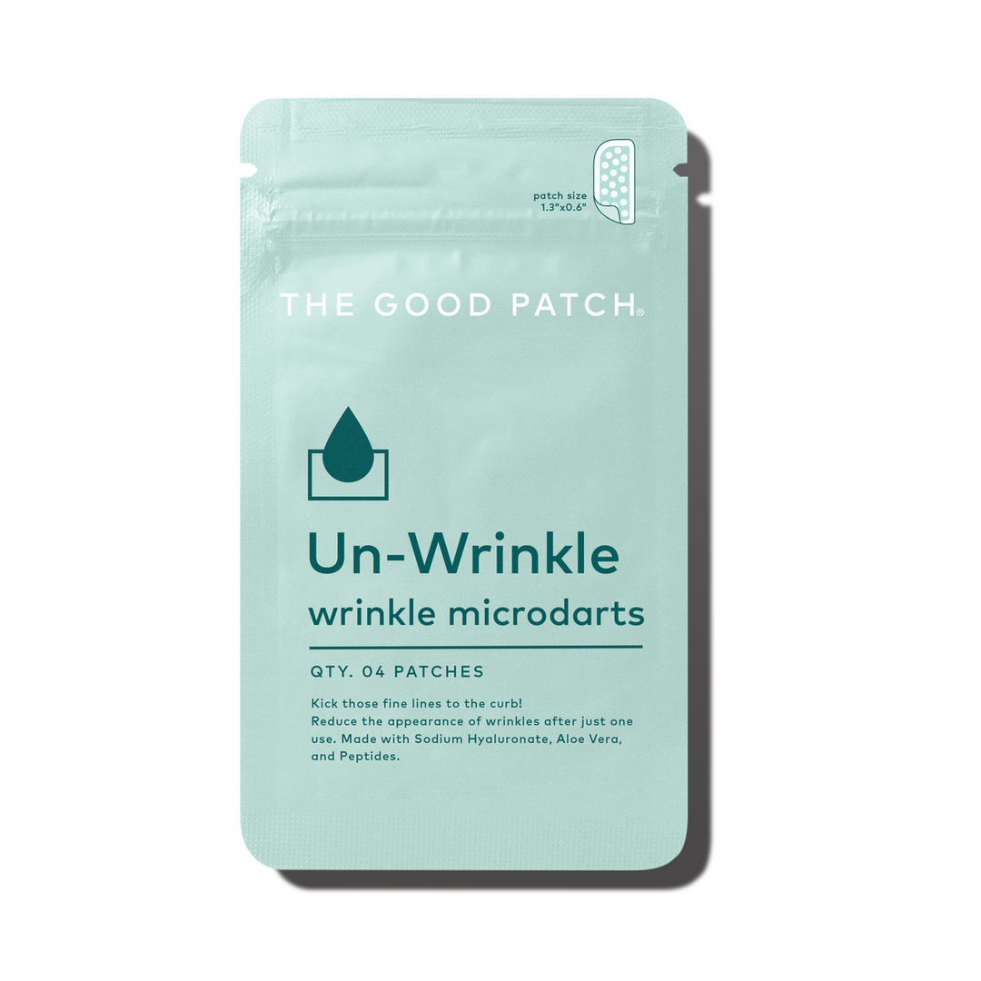 Teal "Unwrinkle Patch" packet with 4 microdart patches for wrinkles, key ingredients: Sodium Hyaluronate, Aloe Vera, Peptides.