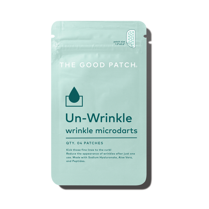 Teal "Unwrinkle Patch" packet with 4 microdart patches for wrinkles, key ingredients: Sodium Hyaluronate, Aloe Vera, Peptides.