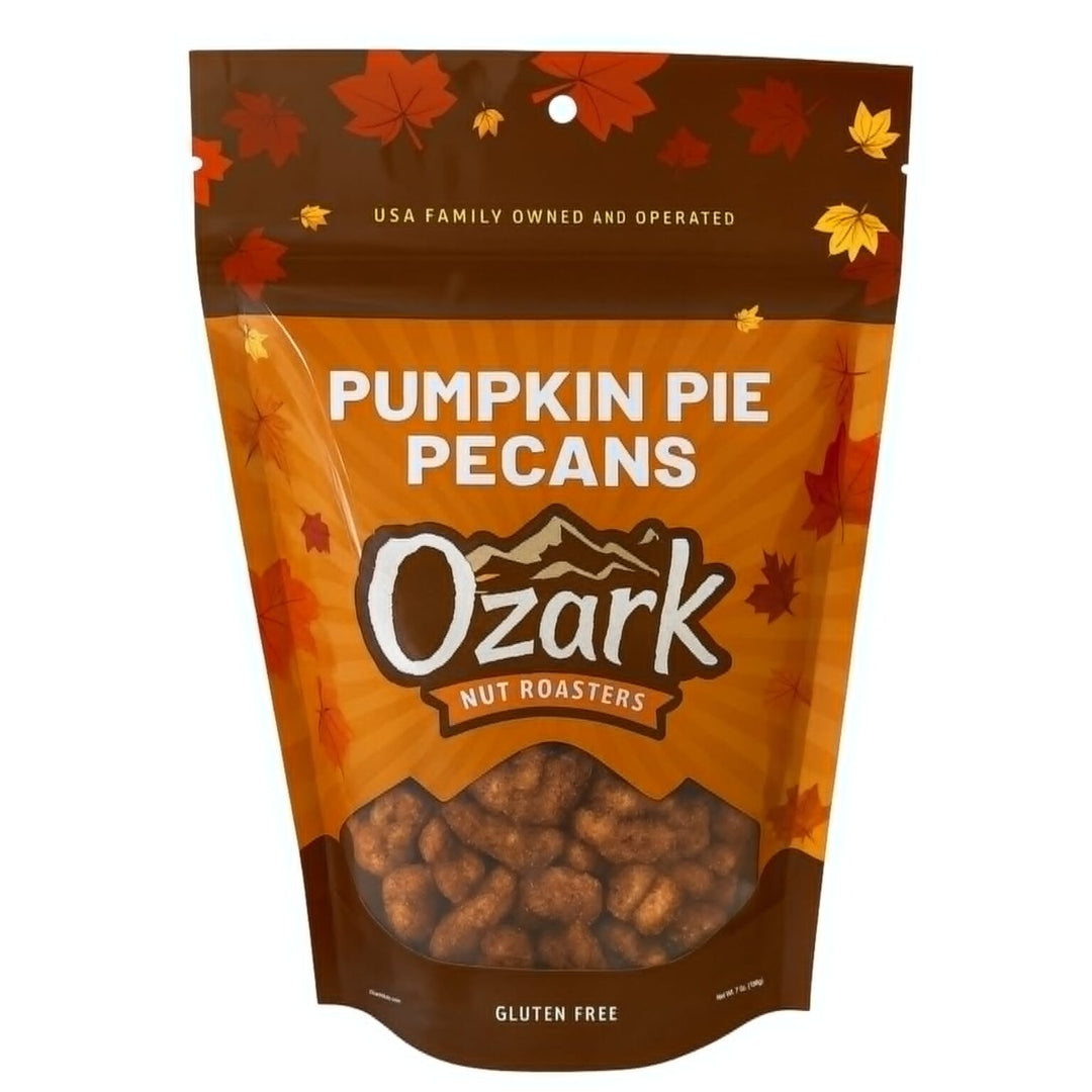 Brown and orange resealable bag of Pumpkin Pie Pecans Nut Toasters, gluten-free; available in multiple sizes.