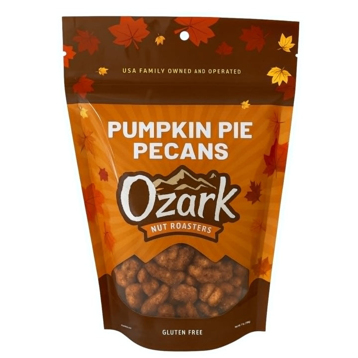 Brown and orange resealable bag of Pumpkin Pie Pecans Nut Toasters, gluten-free; available in multiple sizes.