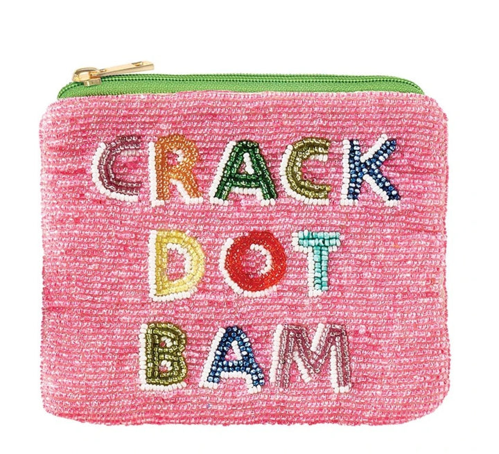 Pink beaded Crack Dot Bam pouch with green zipper and multicolored “CRACK DOT BAM” text.