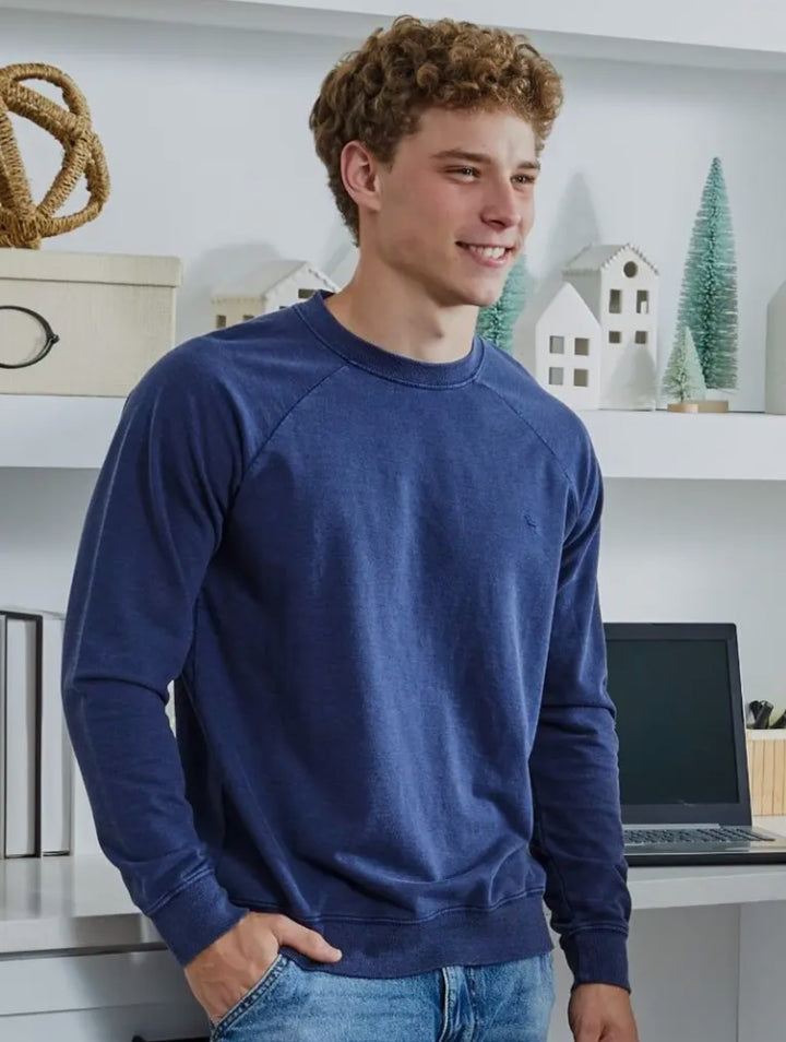 Men’s Washed Navy Crewneck shown; available in sizes S-XXL. Simple, classic fit with ribbed collar, cuffs, and hem.
