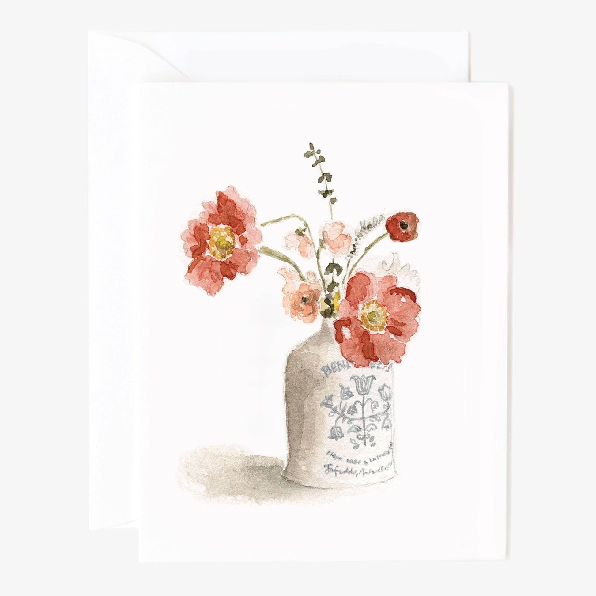 Blank notecard with a watercolor red and pink floral bouquet in a white vase, available in 4x6" and 5x7" sizes.