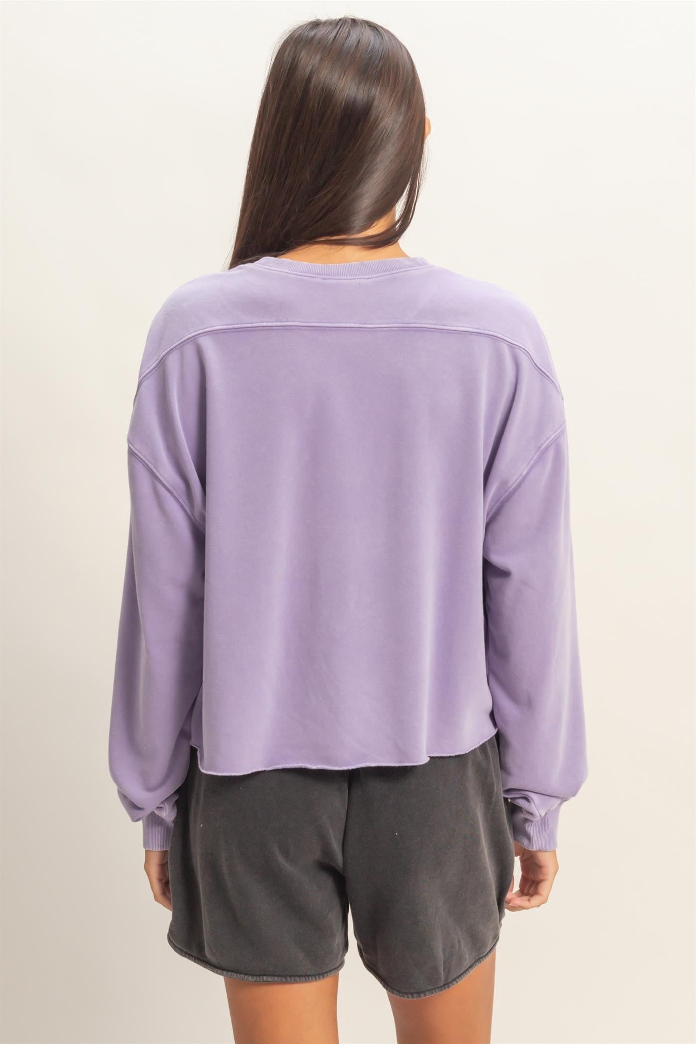 Cropped Mineral Wash Sweatshirt in lavender. Available in sizes XS-XL.
