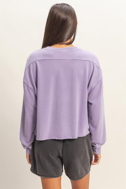 Cropped Mineral Wash Sweatshirt in lavender. Available in sizes XS-XL.