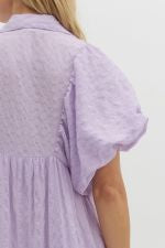 Flowing Lavender Midi Dress in light purple textured fabric with button front, puffed short sleeves; sizes XS-XL.