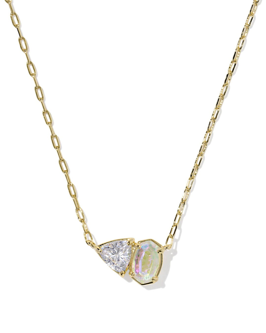 Gold Tatum Short Pendant Necklace with two asymmetrical gemstones, clear and iridescent. Available in 16" and 18" lengths.