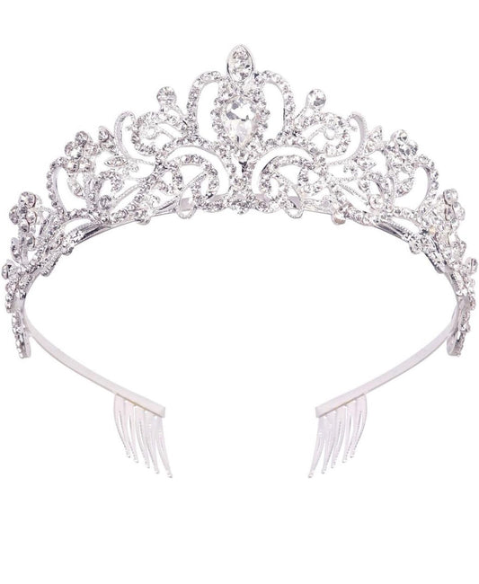 Didder Silver Crystal Tiara: ornate silver alloy, clear rhinestones, dual side combs. Available sizes: 5.3 x 1.6 inches.