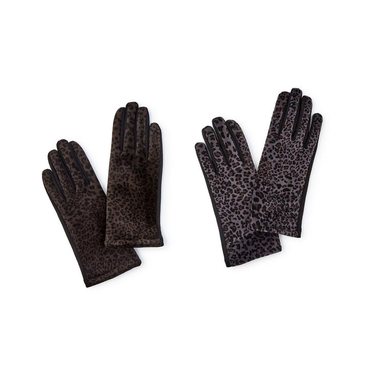 Brown micro suede leopard print gloves, sold in pairs. Available sizes: S, M, L, XL.