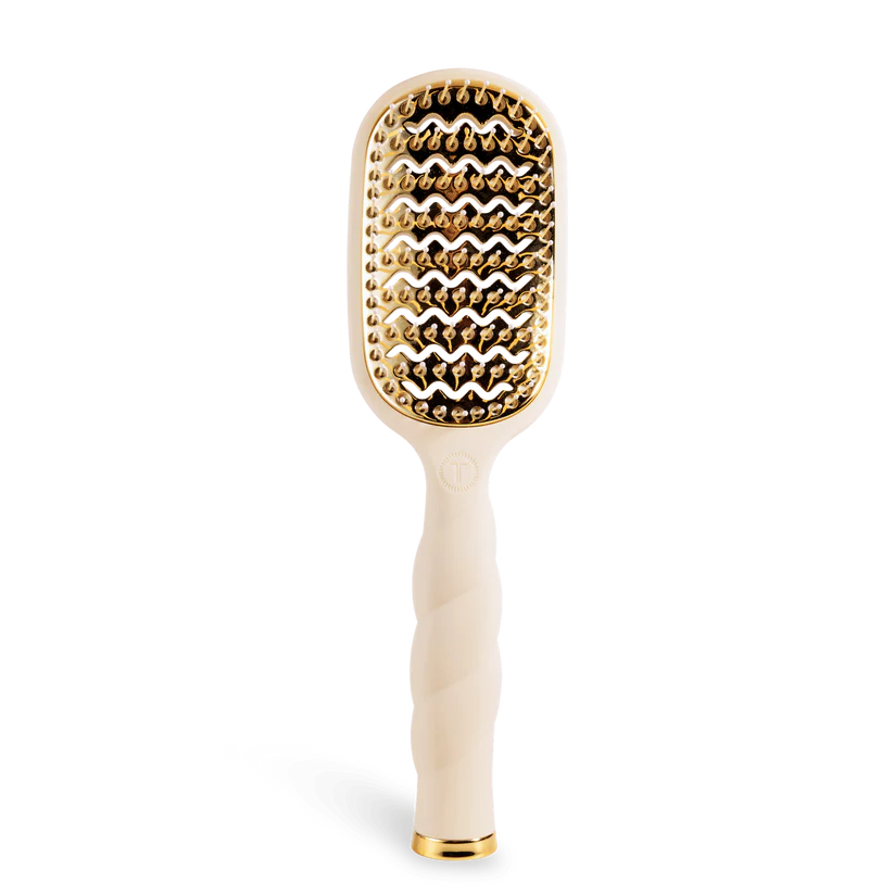 Beige Teleties Hair Brush with twisted handle, gold anti-static bristles, rectangular head. Available in small and large sizes.