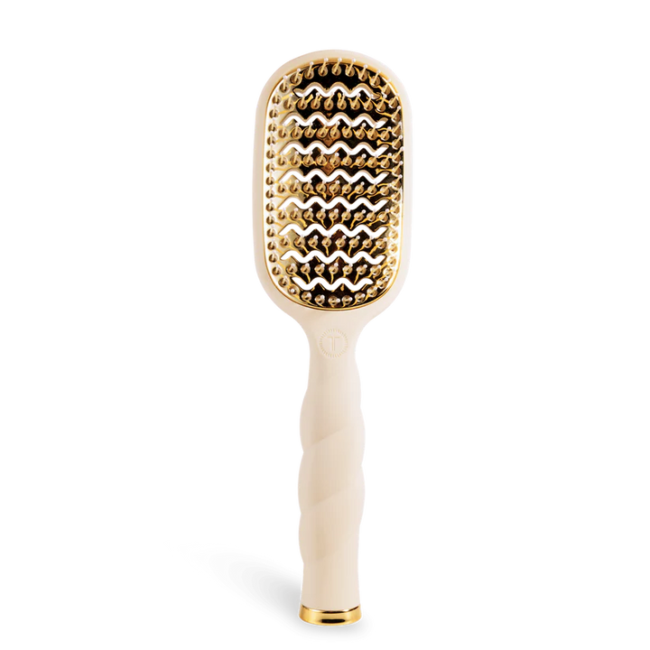 Beige Teleties Hair Brush with twisted handle, gold anti-static bristles, rectangular head. Available in small and large sizes.