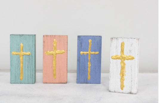 Wood Block with Handpainted Cross, 2” x 4”, in teal, pink, blue, or white with gold cross on front. Set includes four blocks.