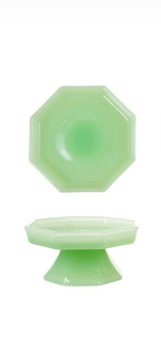 Light green, octagonal vintage glass plate and matching Pressed Milk Glass Pedestal footed bowl. Available in multiple sizes.